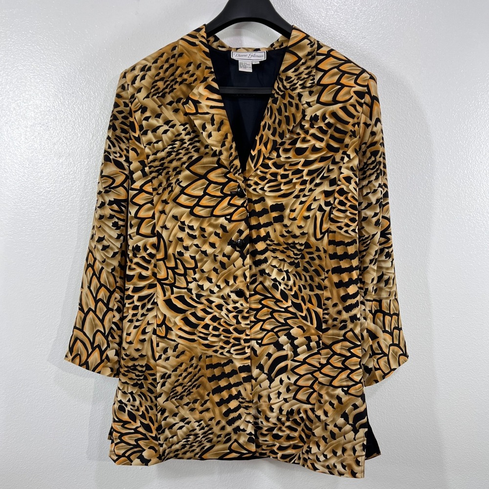 Diane Gilman‎ 100% Silk Blazer Large Vintage Animal Print Statement Jacket